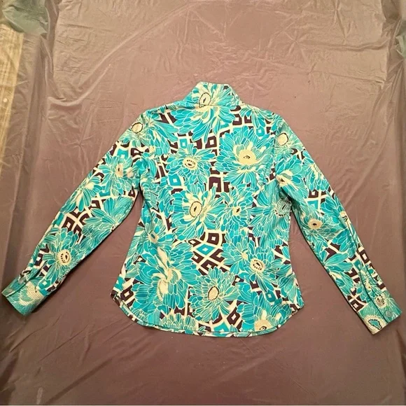 Etcetera by Carlisle Teal/White Floral Long sleeve Button Blouse Size 12/Large - Picture 10 of 13